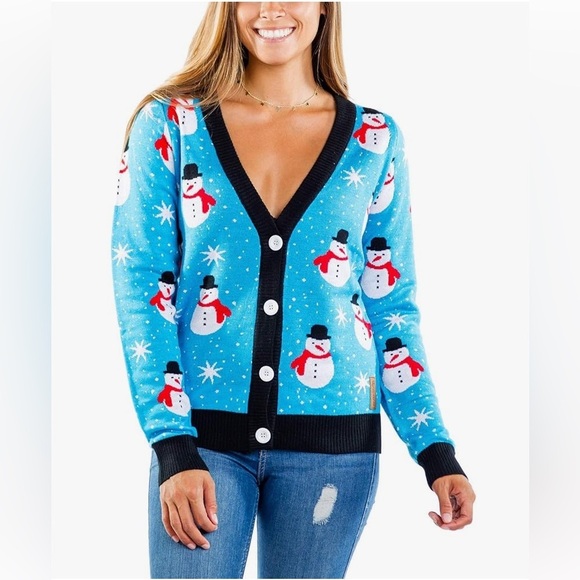 Tipsy Elves WOMEN'S SNAZZY SNOWMAN CARDIGAN SWEATER Size L Light Blue Holiday - Picture 1 of 12